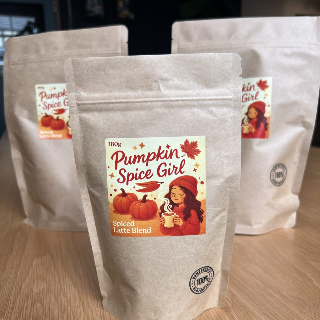 Image of three packages of the Pumpkin Spice Girl Spice Blend, small size.